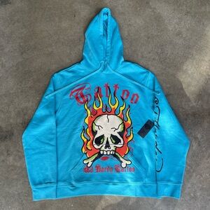 RARE VINTAGE MODERN ED HARDY TATOOING GRAPHIC BLUE FLAME SKULL HOODIE